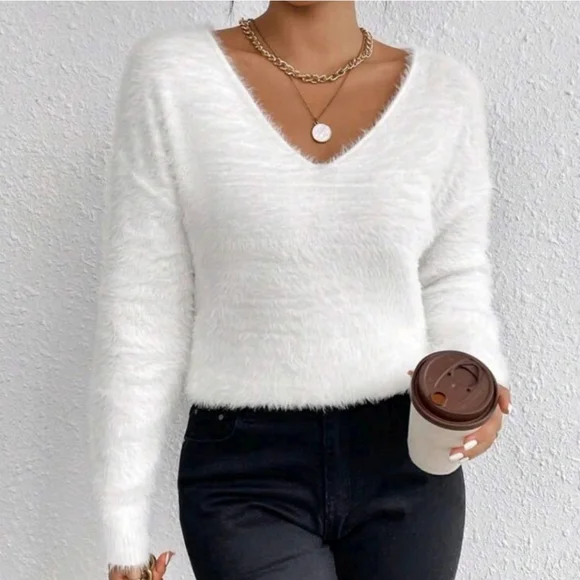 New Luxe Fluffy Knit V Neck Sweater Top White - Picture 2 of 8